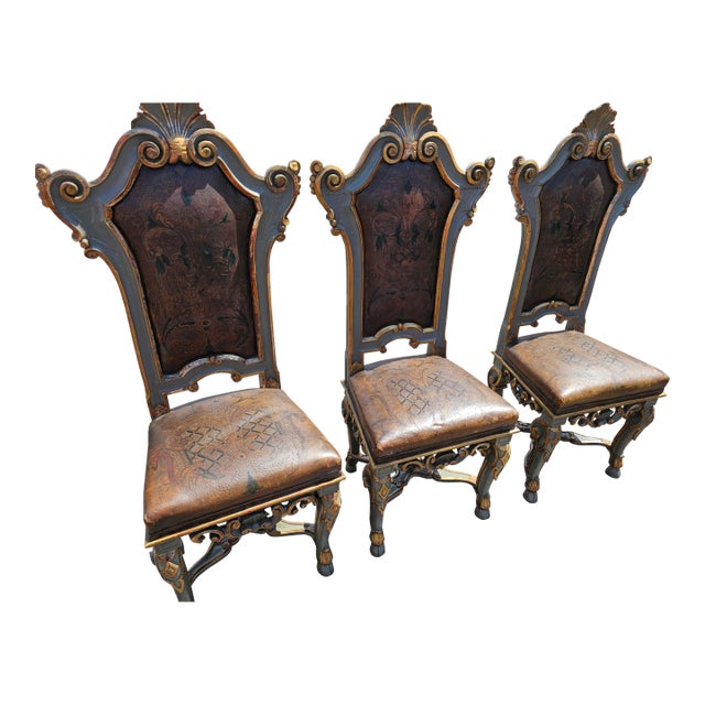 Set of Late 20th Century 3 Italian Baroque Revival Hand-Painted & Tooled Leather Side Chairs For Sale