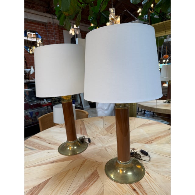 Brass 1970s Mid-Century Modern Brass and Brown Lacquer Table Lamps - a Pair For Sale - Image 8 of 8