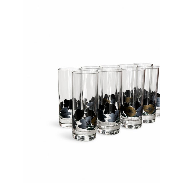 Vintage Black, Silver-Blue and Gold-Tone Floral Highball Glasses — Set of 10 For Sale In Las Vegas - Image 6 of 8