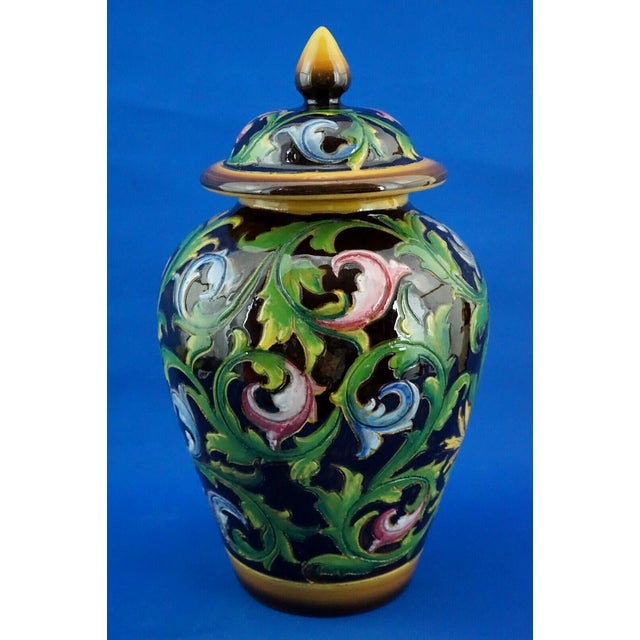 Item : Magnificent majolica ceramic vase, a potiche with a lid, glazed, vitrified, and decorated entirely by hand,...