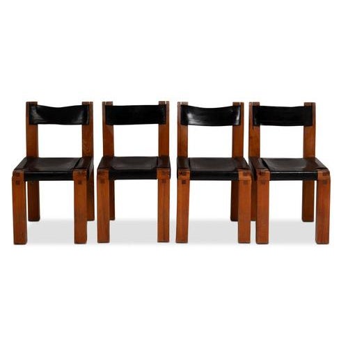 Pierre Chapo. Set of 8 chairs, model S11 in natural blond elm with “48x72” assembly, interwoven leather seat and leather...