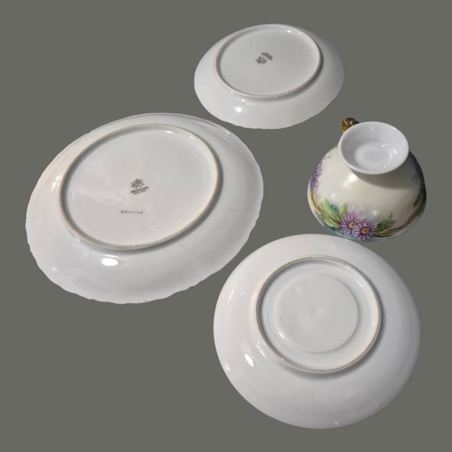 Vintage r.c. Versailles Bavaria Painted Gilded Purple Aster Floral Porcelain 4piece Tea Set For Sale - Image 6 of 9