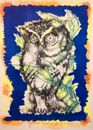 Jean Lurçat, Vintage French Modernist Jean Lurcat Watercolor Painting Mod Blue and Orange Owl c.1950's