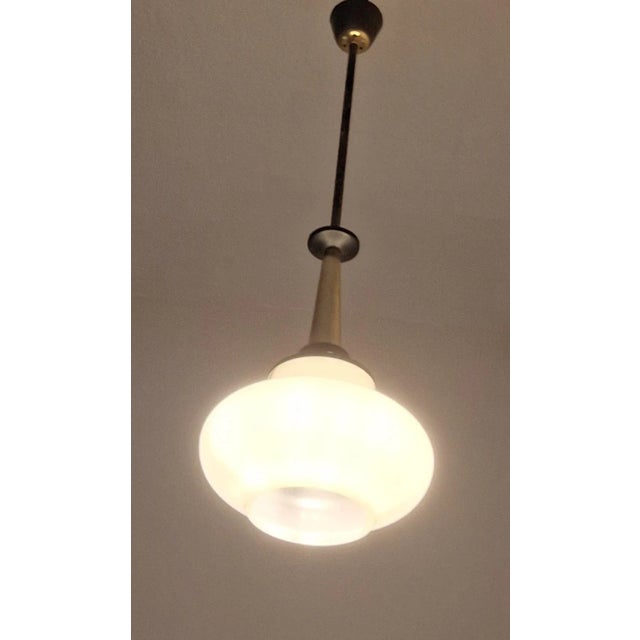 Metal Mid-Century Brass and Black Lacquered Metal Ceiling Lamp with White Opaque Glass Shade, 1960s For Sale - Image 7 of 8