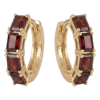 14k Yellow Gold Emerald-Cut Garnet Huggie Hoop Earrings - A Pair For Sale