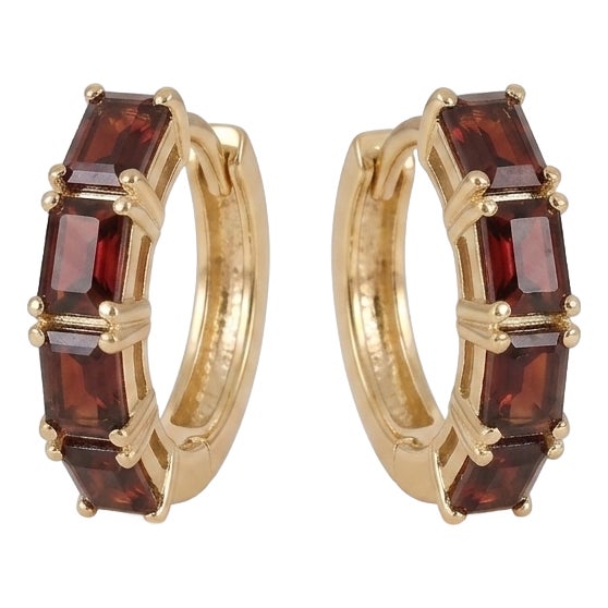 14k Yellow Gold Emerald-Cut Garnet Huggie Hoop Earrings - A Pair For Sale