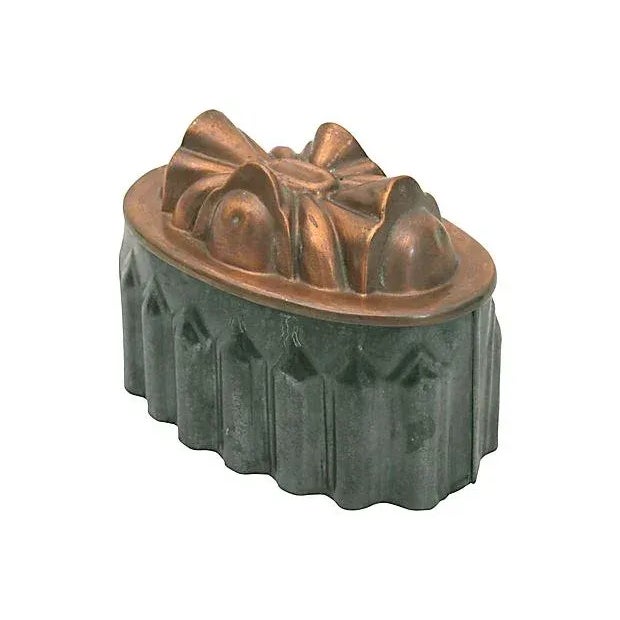 Antique intricate copper top mold with fluted tin edging. No makers mark. Discolorations, dents.