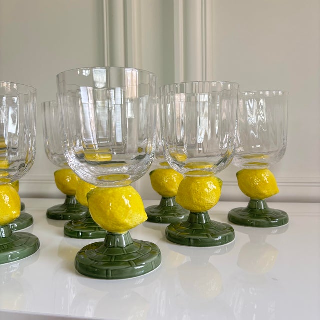 Glass Bordallo Pinheiro Style Green Stem Lemon Motif Hand Blown Fluted Glass Goblets - Set of 12 For Sale - Image 7 of 9
