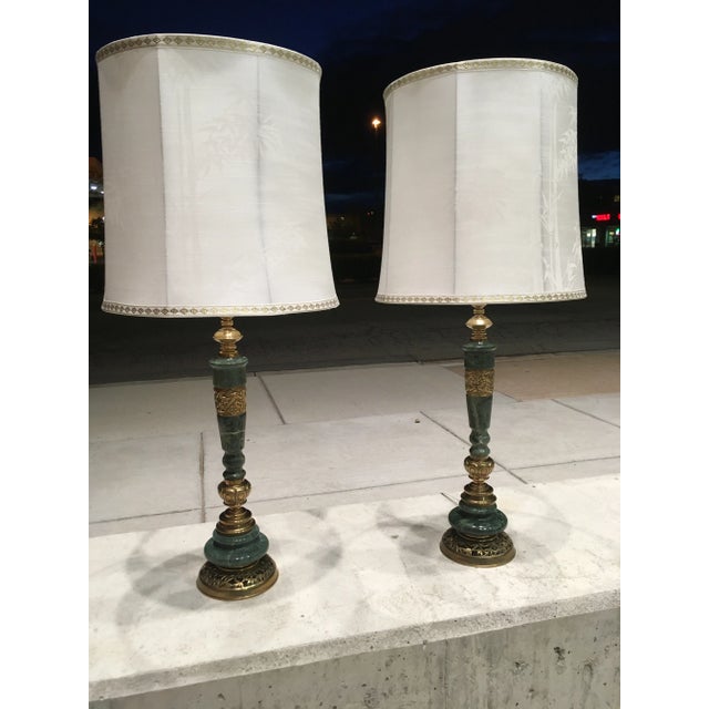 Fine pair of Japanese bronze and Italian marble bodied tall table lamps, with large original silk shades, in mint...