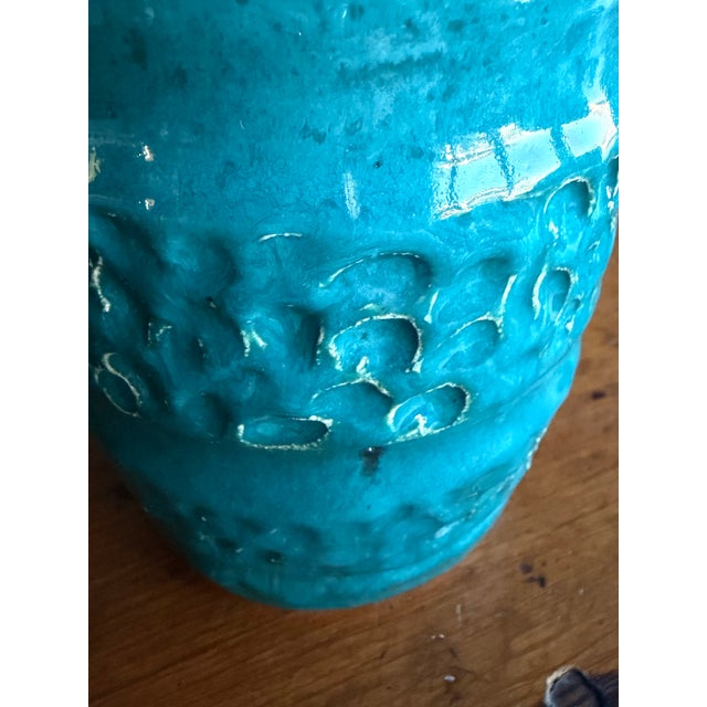 1990s Vintage Turquoise Blue Heavy Studio Pottery Vase With Textured Bands For Sale - Image 5 of 6