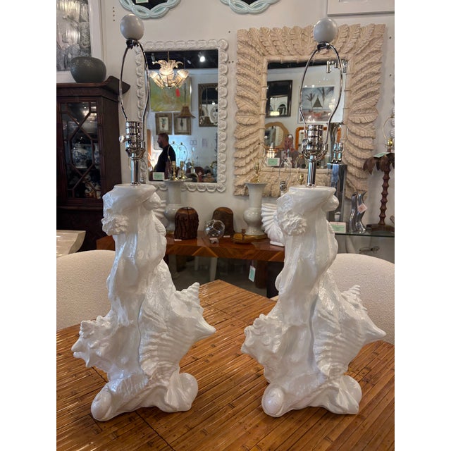Vintage Pair Seashell Shell Plaster Table Lamps by Sirmos Newly Wired & Restored For Sale - Image 9 of 11