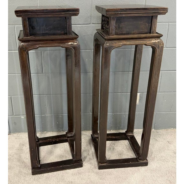 Antique Chinese Elmwood Pedestal Stands-a Pair of 2 For Sale - Image 4 of 7