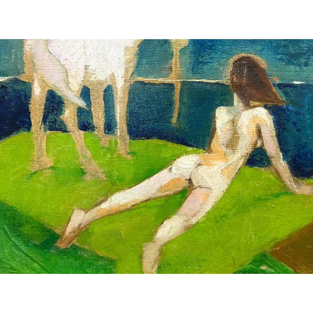 Wood Midcentury Cubist Nude on Landscape Oil on Canvas Painting For Sale - Image 7 of 8