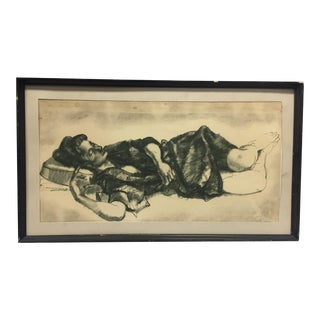 Late 20th Century "Woman Sleeping In a Robe" Figurative Ink and Charcoal Drawing, Framed For Sale
