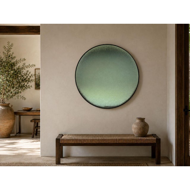 Modern, Space Age Wall Mirror, Green Distressed Convex Glass, Painted Wood, 21st c. A modern space age wall mirror...