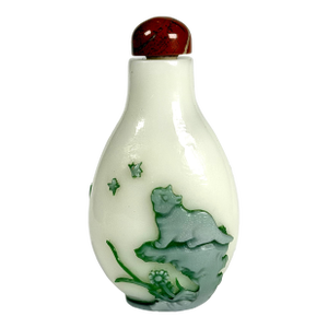 1950s Beautiful Peking Glass Overlay Snuff Bottle W/Carved Cat, Bird & Flower in Green