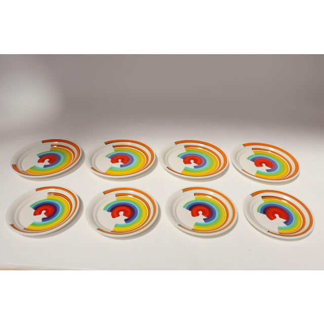 Mid-Century Modern Set of Eight Italian Porcelain Salad and Dinner "Rainbow" Plates by Mancer For Sale - Image 3 of 16
