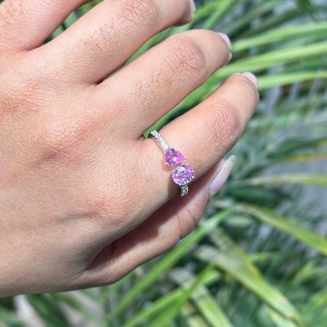 Mexican Toi Et Moi Pink Sapphire & Pave Diamond Open Bypass Ring 1.3ct in 14k Gold Size 6 For Sale - Image 3 of 16