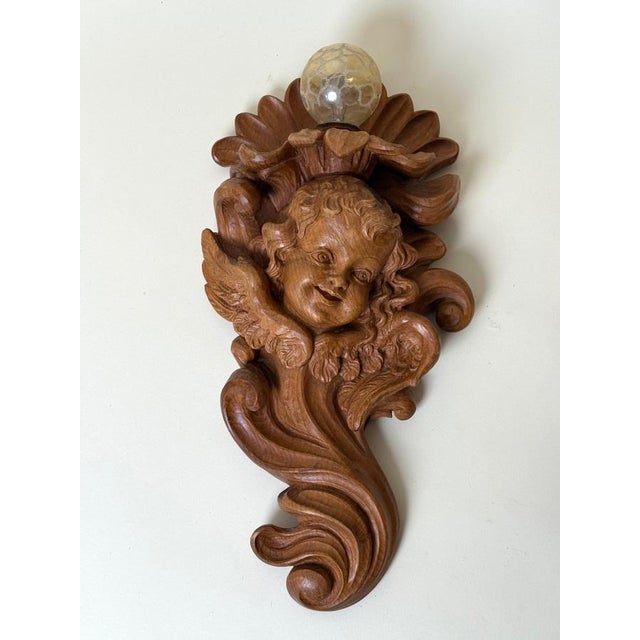 Wood European Alpine Baroque Style Hand-Carved Cherub Wall Sconces in Spruce, 1970, Set of 2 For Sale - Image 7 of 18