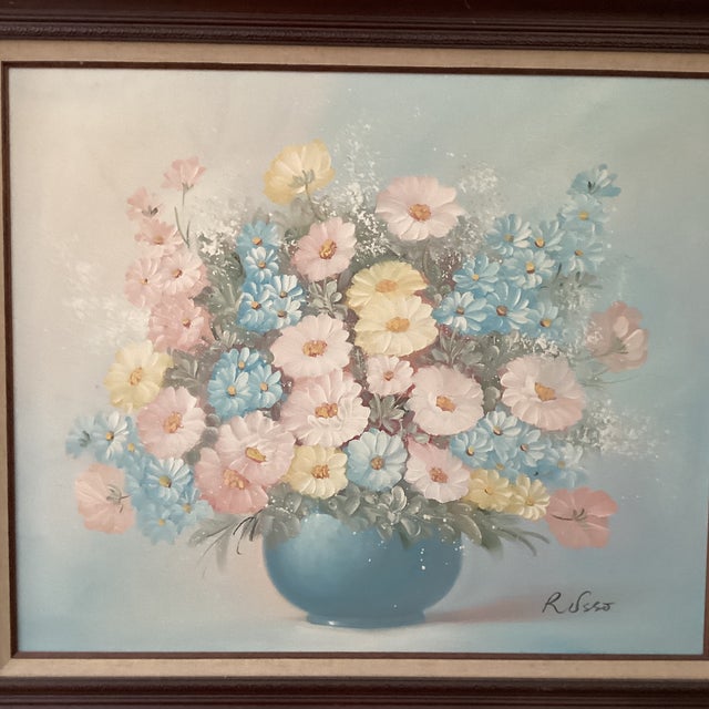 Vintage Still Life Pastel Painting on Canvas “Summer Bouquet in Blue Vase“ Signed Framed For Sale - Image 11 of 12