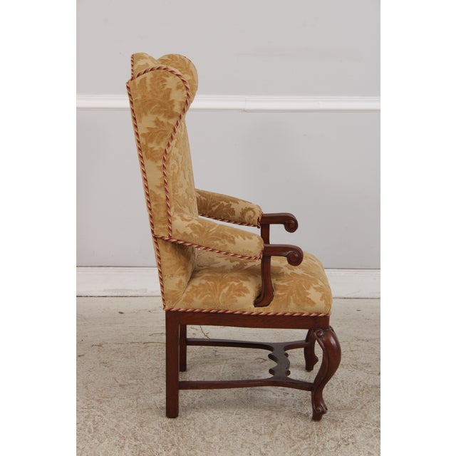 Pair French Oak Carved Wing Back Damask Chairs For Sale In Philadelphia - Image 6 of 18