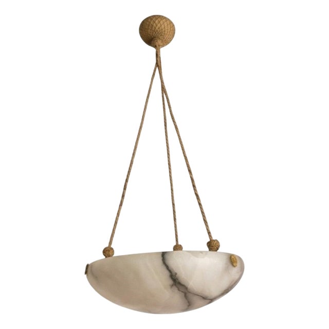 Swedish Modern Alabaster Pendant Light with Rope and Brass Details, 1940s For Sale