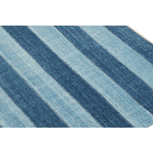 Rug & Kilim's Contemporary Dhurrie Rug in Blue Geometric Stripes - 8x10 For Sale In New York - Image 6 of 8