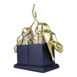 Mid 20th Century Art Deco Solid Brass Panther on Wood Base Bookends - Set of 2