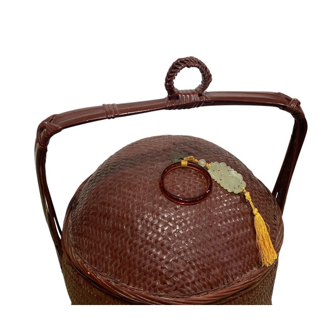 Chinoiserie Vintage Chinoiserie Woven Wicker Storage Basket 17" For Sale - Image 3 of 6