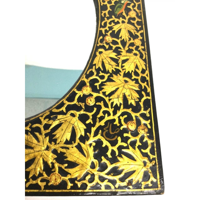 Gold Antique Kashmir Gold Vermilion Hand Painted Over Black Lacquer Mirror For Sale - Image 8 of 12