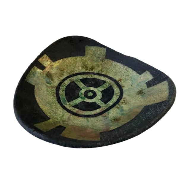 Scandinavian Black Terracotta Dish with Green Abstract Motif, 1970s For Sale