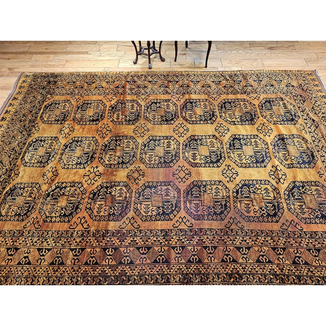 Vintage Afghan Ersari Rug, Hand-Knotted Wool, Allover Geometric Design, Camelhair & Navy, 9’ X 13’ For Sale - Image 4 of 16