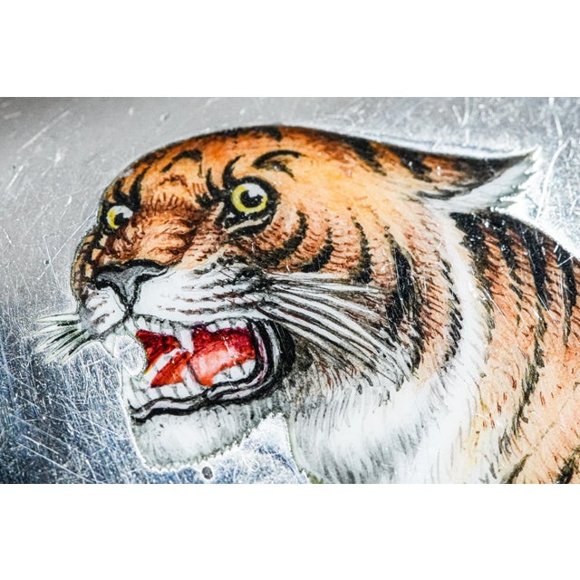 Fierce Hand Painted Enamel Tiger Antique Sterling Silver Luxury Cigarette Case Holder Tobacciana For Sale - Image 4 of 18