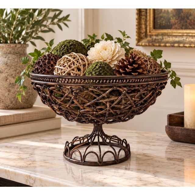 Vintage Bronze-Tone Wire and Woven Pedestal Centerpiece Basket For Sale In Greensboro - Image 6 of 6