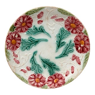 French Majolica Red Flowers Plate Salins, Circa 1890 For Sale