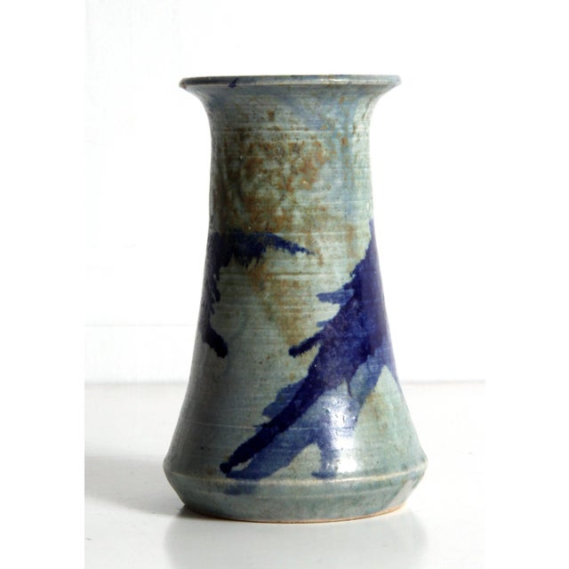 Vintage Mid Century Modern Studio Art Pottery Blue Vase For Sale - Image 4 of 11
