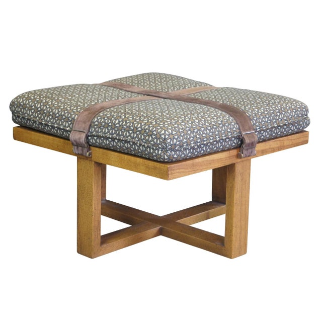 Mid 20th Century Modern Oak Buckled Suede Strap Ottoman Square Foot Stool Bench MCM For Sale - Image 12 of 12