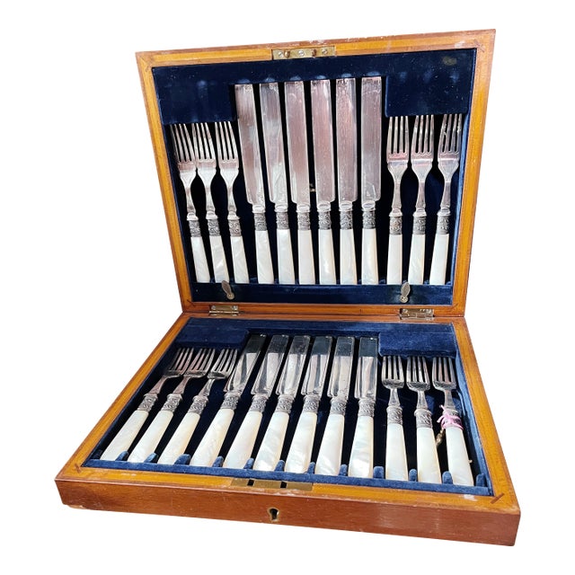 Antique Mother of Pearl and Silver Plated Flatware Service for 12 For Sale