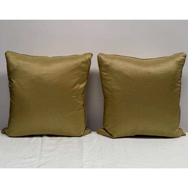 Traditional Pair of Lime Green / Gold Down Filled Pillows For Sale - Image 3 of 7