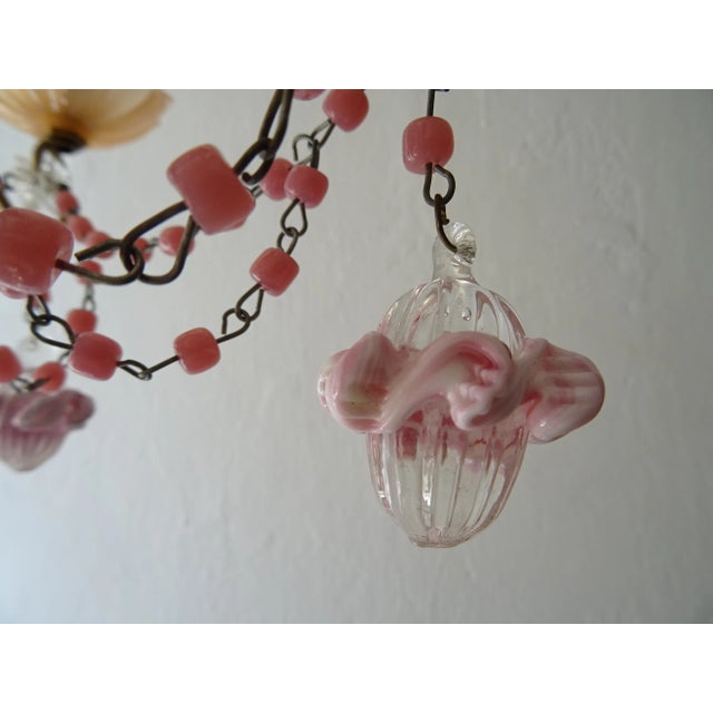 Pink French Petit Pink Opaline Beads, Bobeches and Murano Ribbon Balls Chandelier For Sale - Image 8 of 9