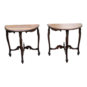 1930s Edwardian Carved Walnut Demi-Lune Console Side Tables