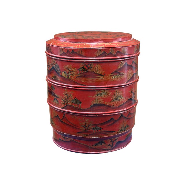 1970s Vintage Chinese Red Golden Scenery Graphic Round Wood Stack Basket Table For Sale - Image 5 of 12