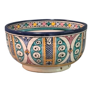 1970s Moroccan Hand Painted Pottery Colorful Free Standing or Wall Hanging Bowl Marked For Sale