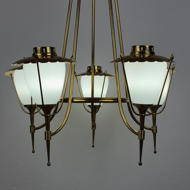 Gold Vintage Art Deco Glass and Brass Chandelier from Maison Arlus, France 1950s For Sale - Image 8 of 18