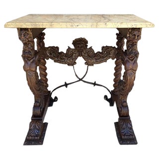 Antique Carved Console Table with Beige Marble Top For Sale
