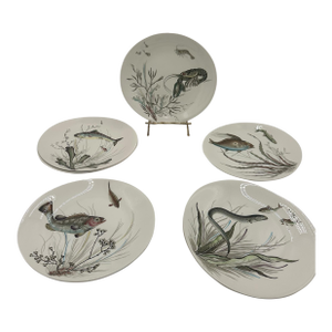 Mid 20th Century Set of 11 Vintage Johnson Brothers Fish Dinner Plates - 6 Patterns