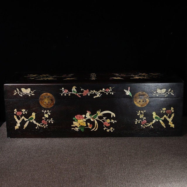 Traditional Large Vintage Zitan Wood Treasure Box With Mother-of-Pearl Bird & Floral Inlay For Sale - Image 3 of 10