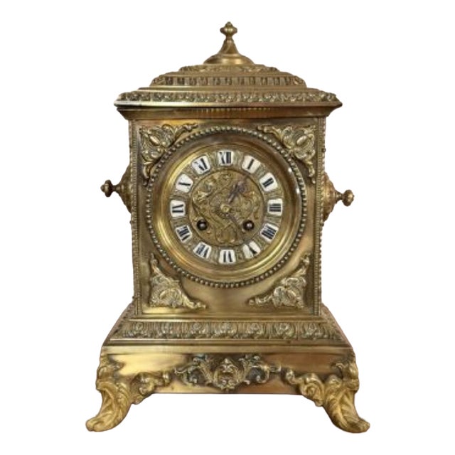 Large Antique Victorian Ornate Brass Mantle Clock, 1880 For Sale