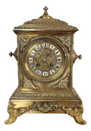 Large Antique Victorian Ornate Brass Mantle Clock, 1880