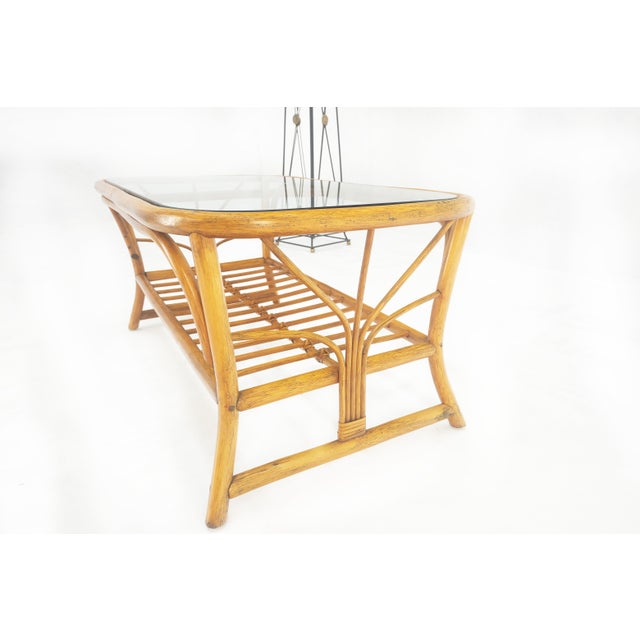 Ficks Reed Rattan Bamboo Rounded Corners Two Tier Coffee Table c1970s